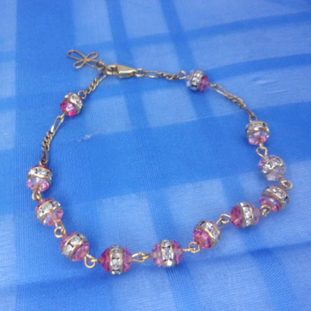 Vermeil Sterling Pink Bead Rhinestone Bracelet